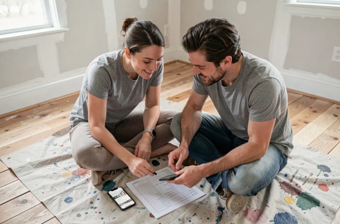 Couple planifiant leur rénovation sans stress avec un blog de conseils travaux sur smartphone