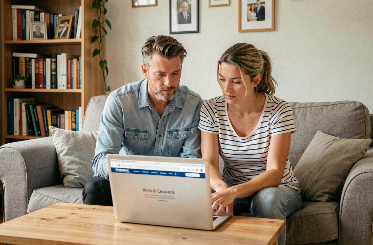 Couple propriétaire consultant le site officiel des démarches RSA sur un ordinateur portable à domicile