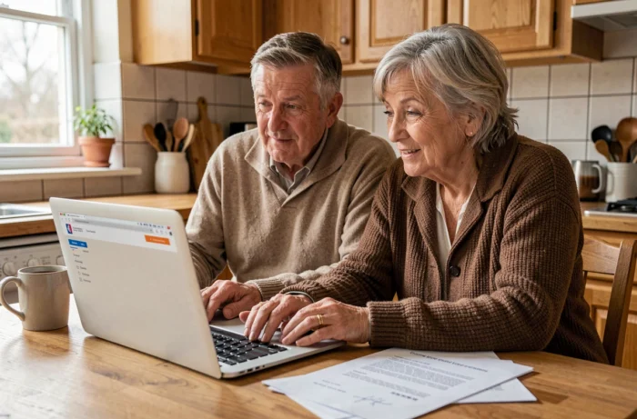Couple de retraités recherchant l'adresse de l'Agirc-Arrco sur un ordinateur portable à domicile