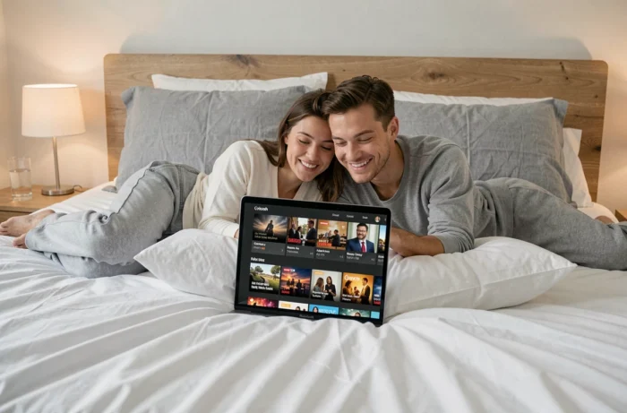 Couple regardant des films en streaming sur un ordinateur portable dans une chambre confortable