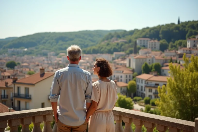 Couple sur une terrasse contemplant une ville française durable et verdoyante en 2050, architecture écologique et toits végétalisés en arrière-plan