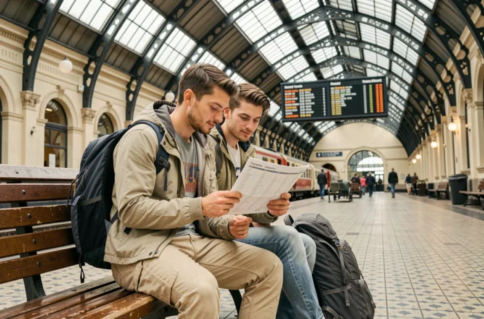 Couple de voyageurs consultant les horaires de train dans une gare historique à l'étranger