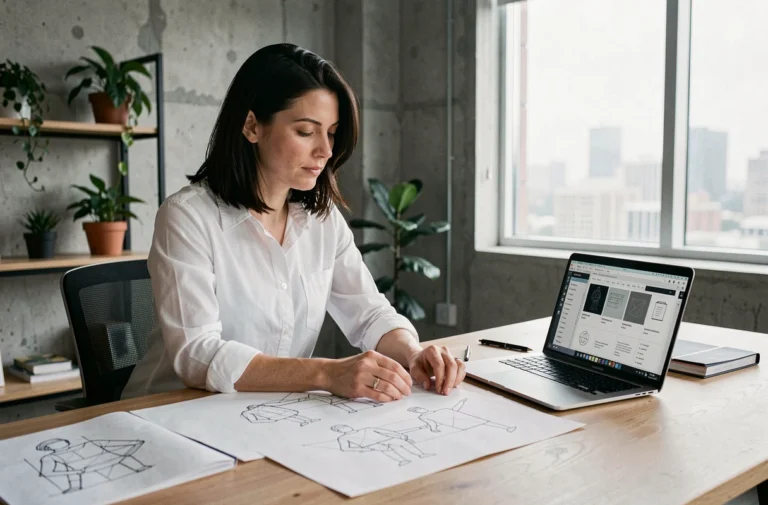 Conceptrice web travaillant sur des maquettes de site professionnel dans un studio moderne
