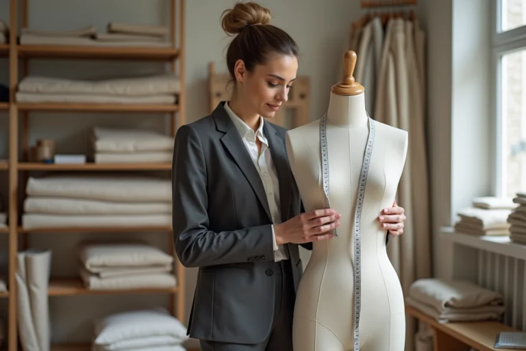 Créatrice de mode mesurant un mannequin standard dans un atelier parisien avec mètre ruban