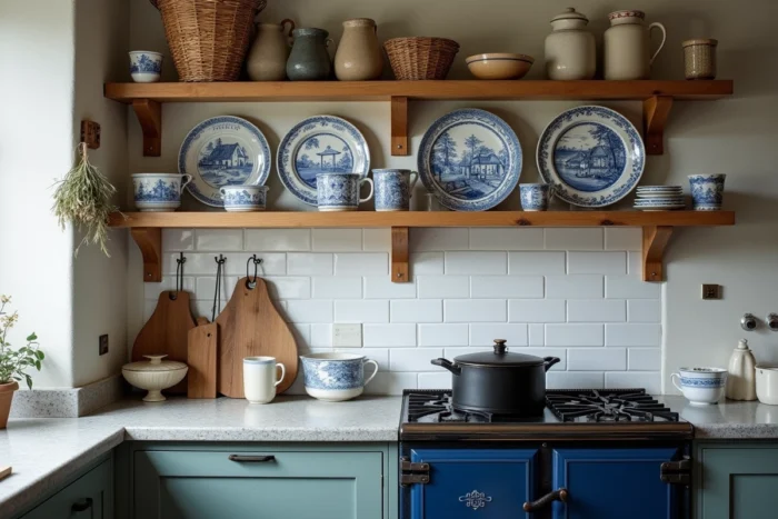 Cuisine bretonne rustique avec étagères en bois, faïences bleues et blanches et plan de travail en granit