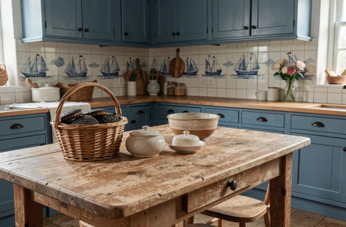 Cuisine bretonne traditionnelle avec carrelage peint à la main, buffet bleu et table en pin massif garnie de spécialités locales