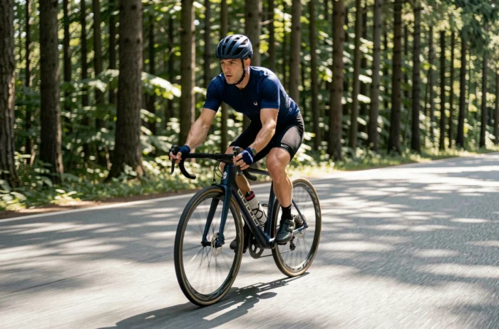Cycliste homme en tenue de route pédalant sur une route forestière asphaltée avec un vélo de route léger