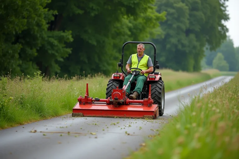 Tracteur équipé d'une débroussailleuse à fléau en train de faucher les bords d'une route de campagne en France