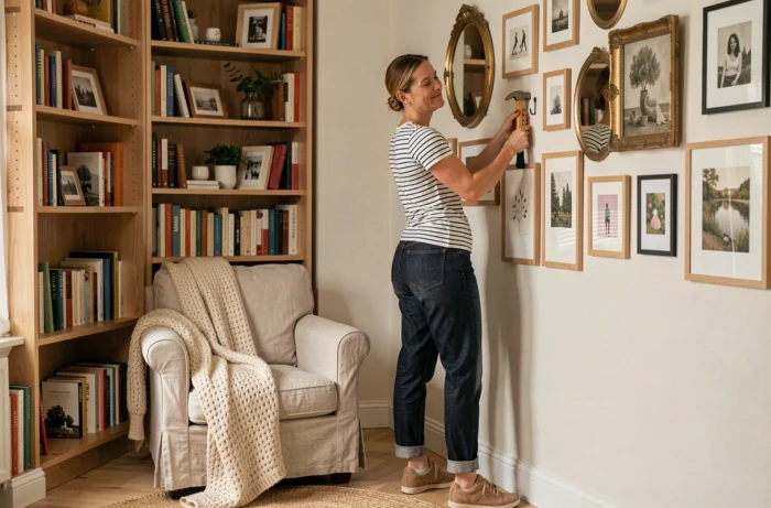Femme décorant un mur avec des cadres et miroirs vintage dans un salon scandinave
