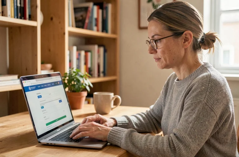Femme remplissant une demande de visa électronique en ligne sur un ordinateur portable depuis son bureau à domicile