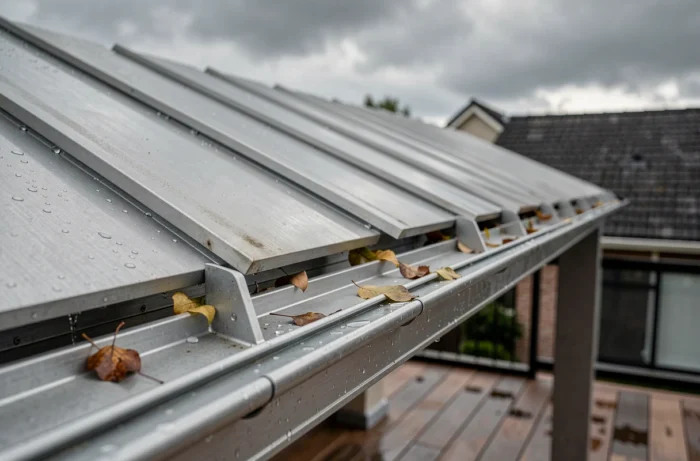 Gros plan sur les lames inclinées d'une pergola bioclimatique évacuant l'eau de pluie par temps de vent