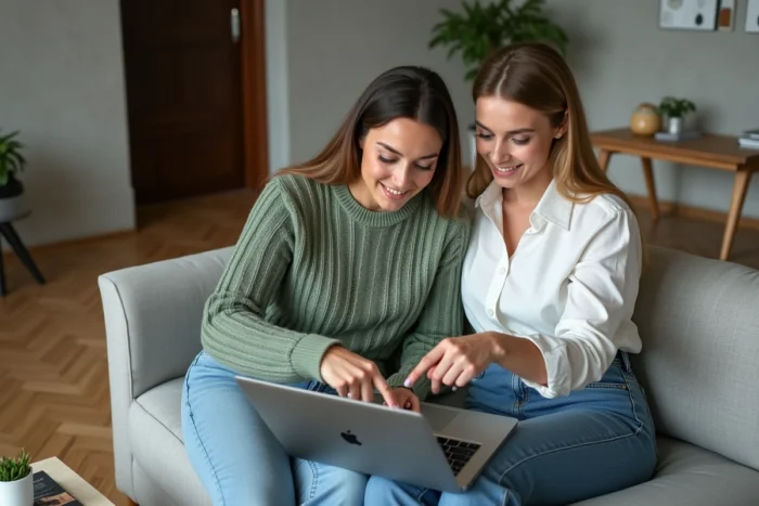 Deux femmes explorant ensemble le plan de navigation d'un site de décoration intérieure sur un ordinateur portable dans un salon moderne