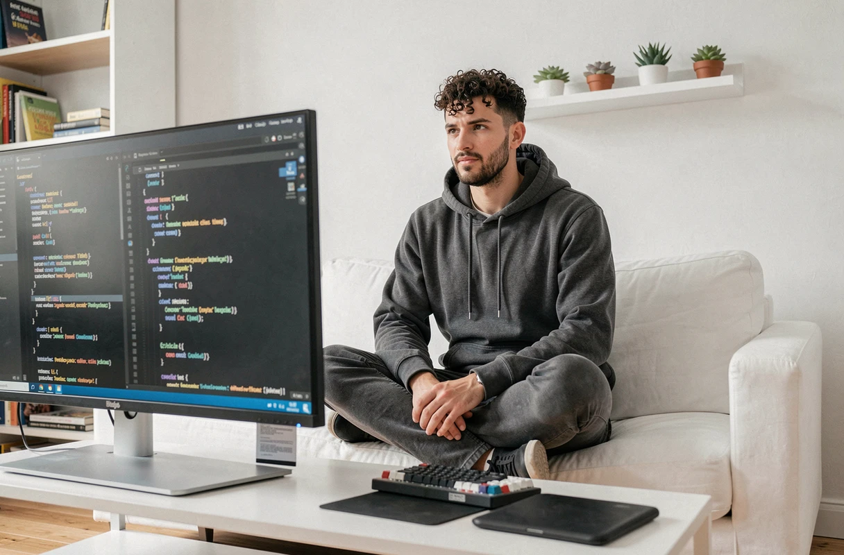 Développeur web codant un site sur-mesure depuis son espace de travail à domicile