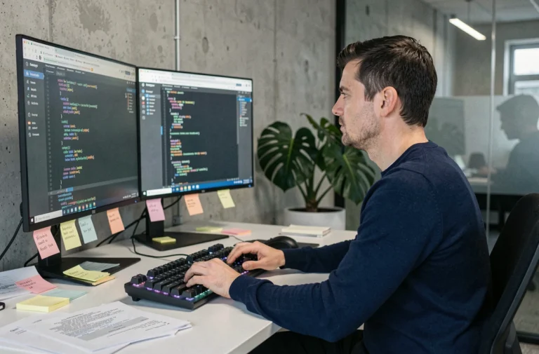 Développeur web masculin travaillant sur des interfaces numériques innovantes dans un bureau moderne avec double écran ultrawide