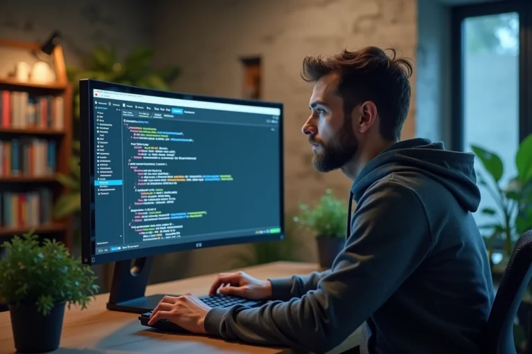Développeur web consultant un sitemap XML structuré sur un écran d'ordinateur dans un bureau moderne