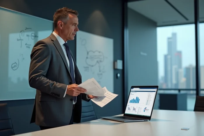 Dirigeant d'entreprise analysant un comparatif de solutions bancaires professionnelles en salle de réunion