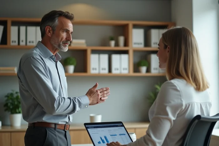 Homme en chemise grise discutant d'une promotion cadre avec un responsable RH dans un bureau minimaliste