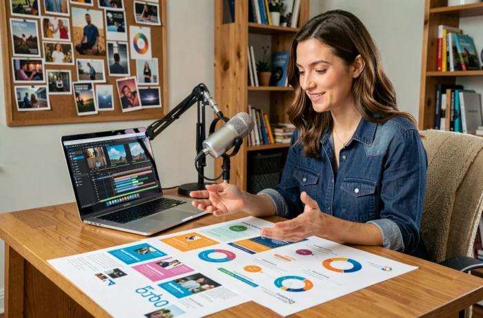 Blogueuse entourée de formats de contenu variés incluant vidéo, podcast et infographies pour diversifier sa stratégie