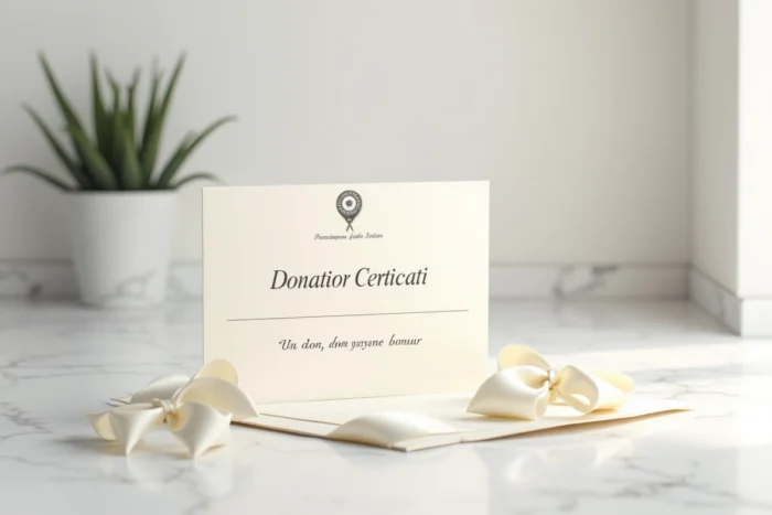 Certificat de donation encadré dans une enveloppe crème au nom des mariés, cadeau symbolique d'une association caritative