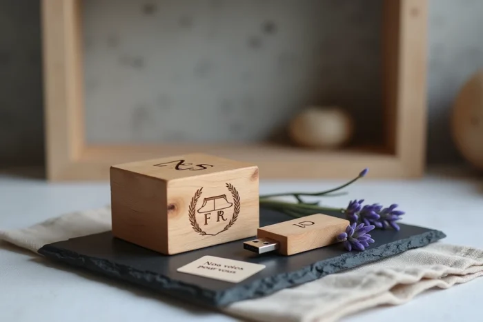 Clé USB et boîte en bois gravée contenant un enregistrement audio de messages collectifs des invités pour les mariés