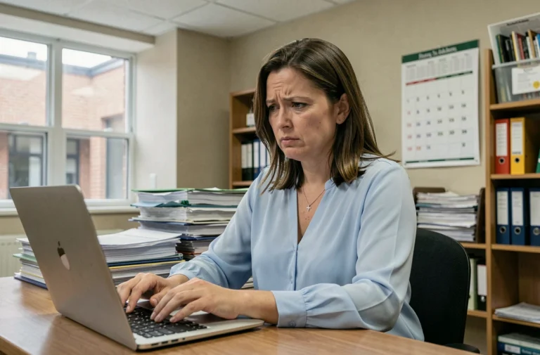Enseignante résolvant un problème d'accès au webmel académique sur son ordinateur portable dans un bureau scolaire