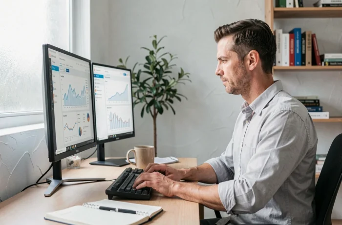 Entrepreneur concentré analysant des tableaux de bord de performance business sur deux écrans dans un bureau à domicile minimaliste