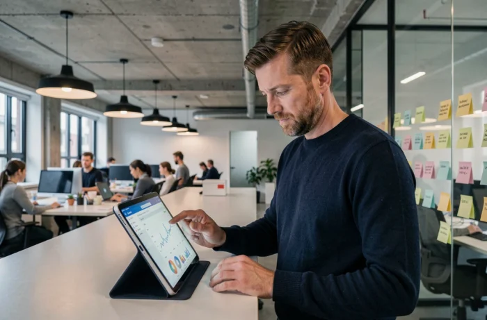 Entrepreneur masculin analysant les performances de son commerce en ligne dans un espace de coworking
