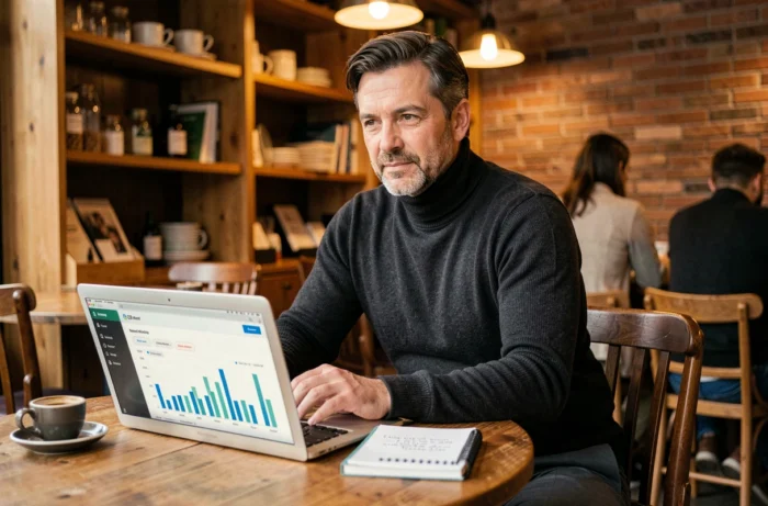 Entrepreneur consultant en marketing B2B travaillant sur son ordinateur portable dans un café moderne