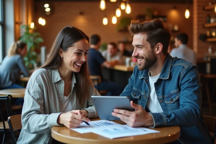 Deux jeunes entrepreneurs discutant d'un business plan dans un café indépendant