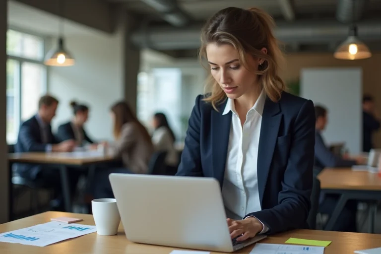 Entrepreneuse analysant des données business dans un espace de co-working moderne