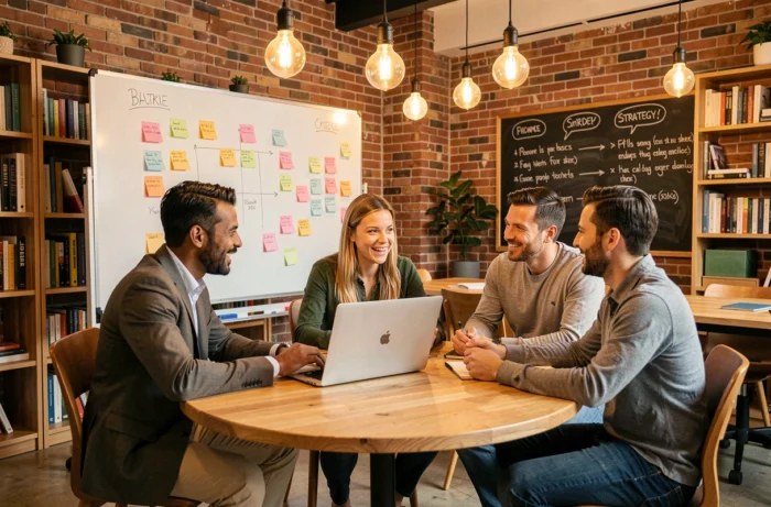 Équipe de professionnels collaborant autour d'une table dans un espace de coworking pour développer une stratégie business