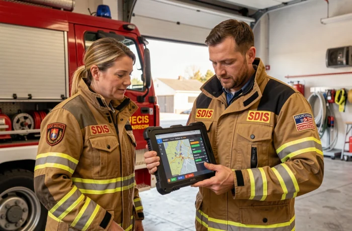 Deux pompiers du SDIS consultant l'application IRIS sur tablette devant un camion de pompiers dans un garage de caserne de l'Aisne