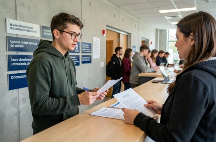 Étudiant déposant son dossier de candidature auprès d'un service administratif à l'université