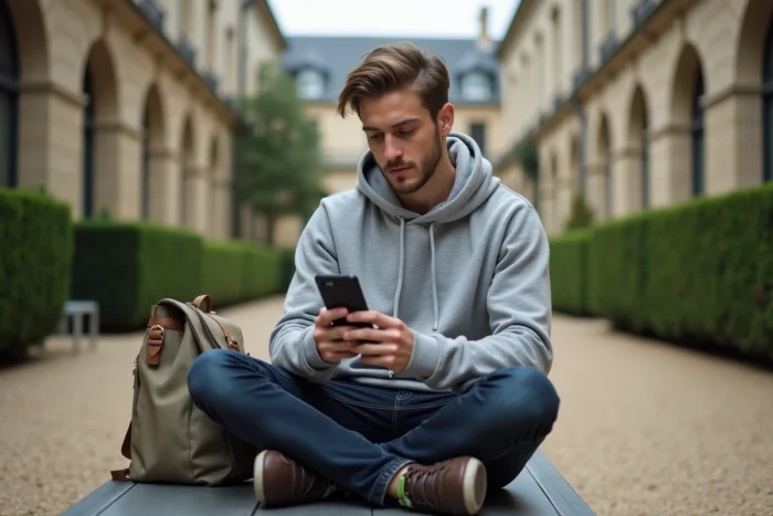 Étudiant masculin accédant à l'ENT Assas sur smartphone en plein air dans une cour universitaire parisienne