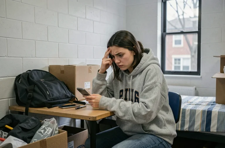 Étudiante inquiète cherchant son code locataire Crous perdu sur son téléphone dans une chambre de résidence universitaire