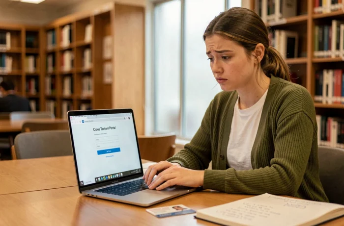 Étudiante connectée au portail Crous sur son ordinateur portable pour retrouver son code locataire perdu avant l'état des lieux