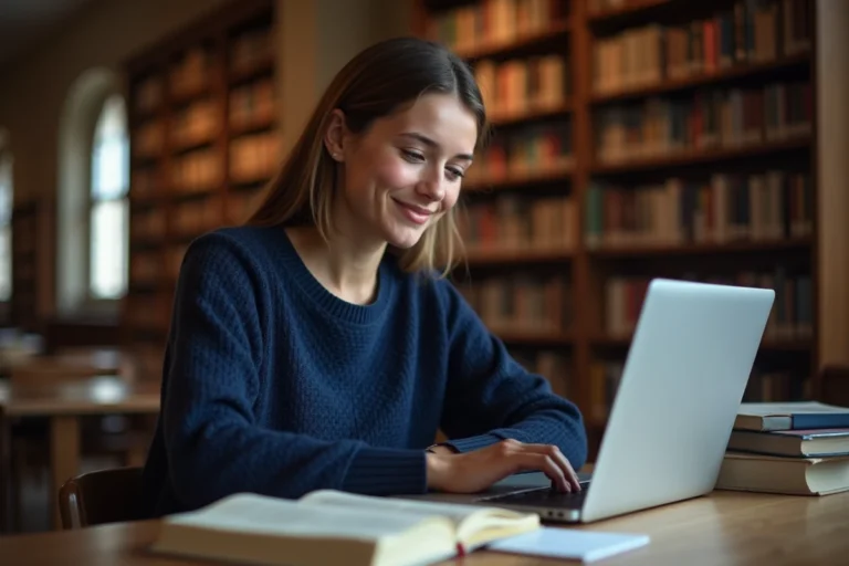 Étudiante consultant ses résultats universitaires sur l'ENT Assas depuis un ordinateur portable dans une bibliothèque universitaire