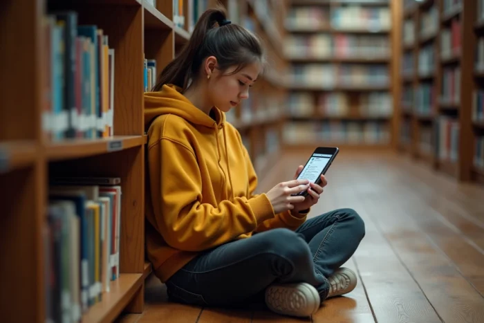Étudiante consultant le sitemap d'un site d'actualité sur son smartphone en bibliothèque universitaire