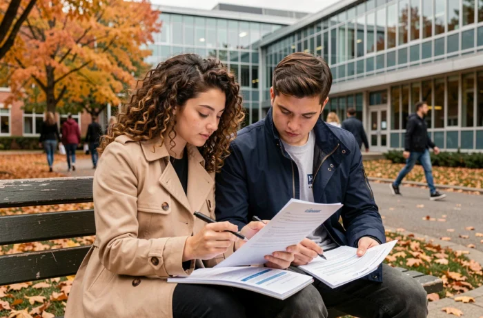 Deux étudiants révisant ensemble les documents du dossier ecandidat sur un campus universitaire en automne