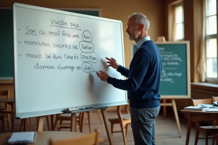 Homme expliquant devant un tableau blanc la différence orthographique entre deux mots similaires lors d'un atelier de langue française