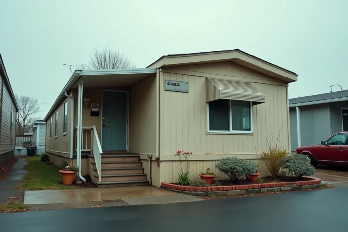 Façade vieillie d'un mobil-home de plus de 20 ans dans un parc résidentiel, illustrant les enjeux de propriété et de droits légaux