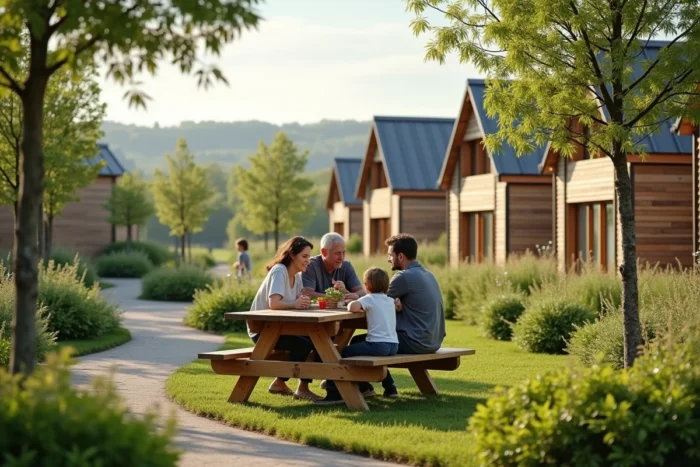 Famille réunie dans un espace vert d'un écoquartier français moderne, maisons durables en bois et jardins partagés dans une ville de province d'avenir