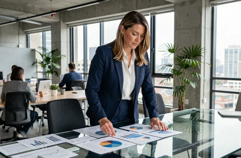 Femme d'affaires confiante analysant des graphiques de stratégie dans un bureau moderne et professionnel