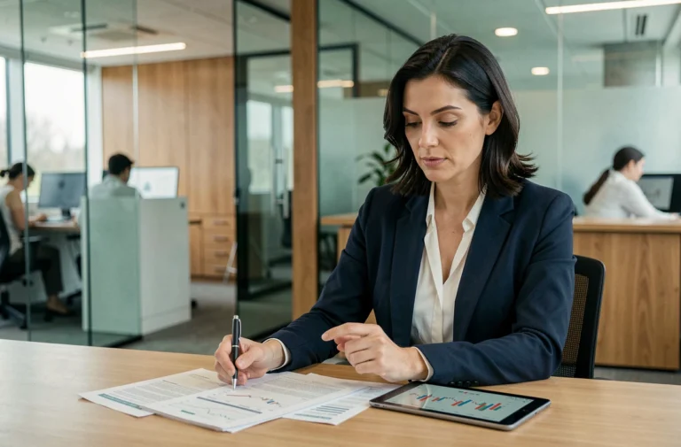 Femme professionnelle analysant des documents bancaires et des graphiques financiers dans un bureau moderne pour optimiser sa gestion de crédit et d'épargne