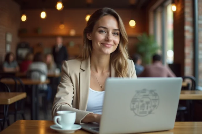 Femme professionnelle analysant la structure d'un sitemap visuel sur un ordinateur portable dans un café