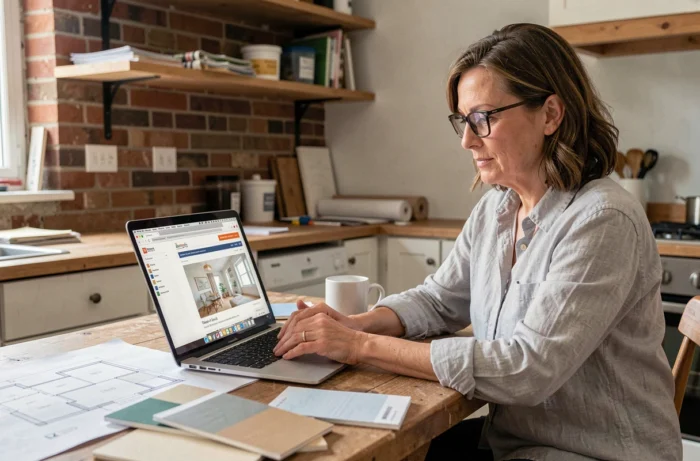 Femme consultant un blog de conseils travaux sur son ordinateur portable entourée de plans de rénovation
