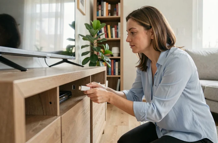 Femme branchant un adaptateur HDMI sur une télévision pour accéder à l'IPTV sans connexion internet