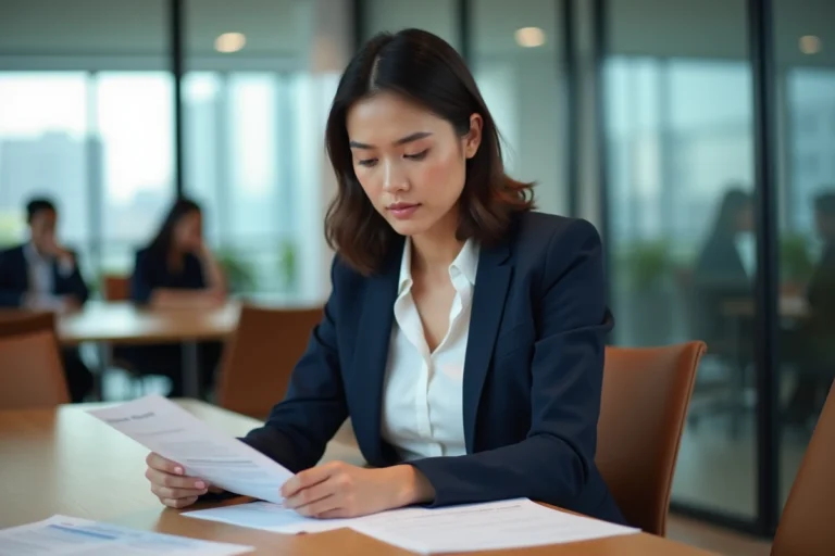 Femme cadre en blazer marine examinant des documents dans un bureau moderne avec des cloisons en verre