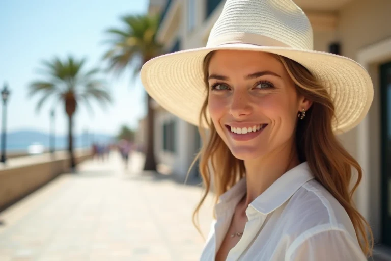 Femme portant un chapeau blanc à larges bords pour se protéger du soleil en extérieur