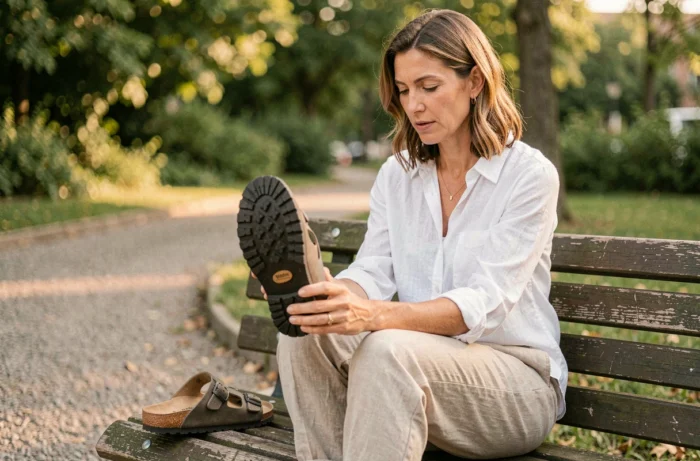Femme comparant une chaussure Billowy et une sandale Birkenstock assise sur un banc de parc en milieu urbain